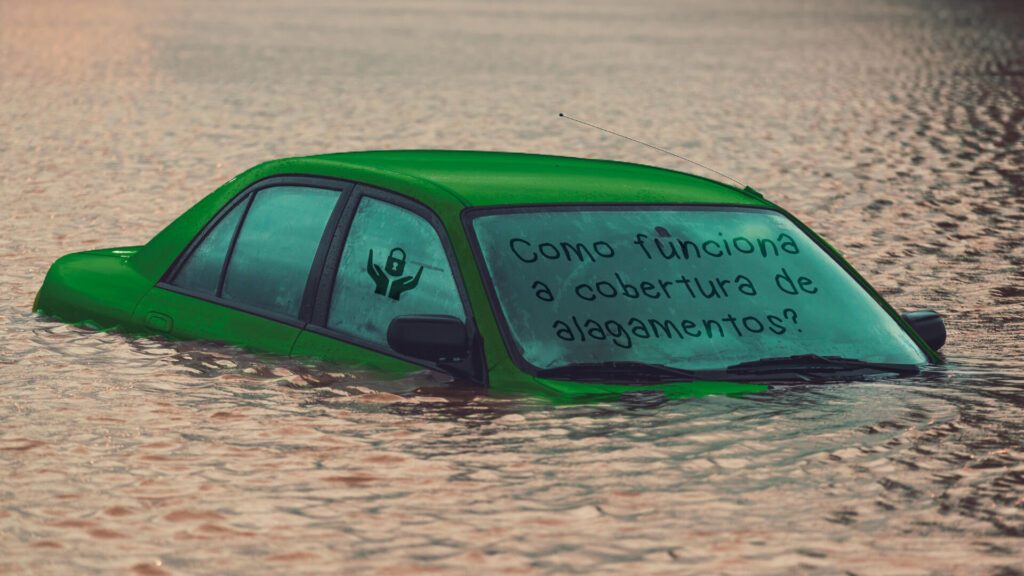 Carro verde em meio a um alagamento com o texto em seu para-brisa "como funciona a cobertura de alagamentos?"