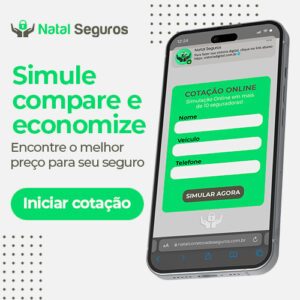 Imagem publicitária para o blog de melhores seguradoras. A imagem possui ao lado direito um celular na tela do formulário de cotação de seguro da Natal Seguros. Ao lado esquerdo há os textos "Simule, compare e economize", "Encontre o melhor preço para seu seguro" e há um botão escrito "iniciar cotação"