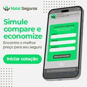 A imagem possui ao lado direito um celular na tela do formulário de cotação de seguro da Natal Seguros. Ao lado esquerdo há os textos 