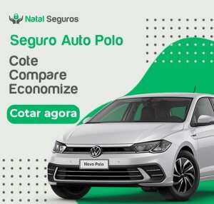 A imagem é um anúncio para seguro auto da "Natal Seguros". Ela apresenta um Volkswagen Polo branco com a placa "Novo Polo". O texto no anúncio diz: Natal Seguros Seguro Auto Polo Cote Compare Economize Cotar agora O fundo da imagem tem cores verde e branca com um padrão pontilhado. O anúncio incentiva os espectadores a obter uma cotação, comparar opções e economizar no seguro de carro para o Volkswagen Polo.