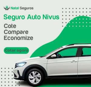 A imagem é um anúncio publicitário da empresa "Natal Seguros" para um seguro de automóvel específico para o modelo Nivus. O anúncio apresenta um carro branco do modelo Nivus na parte inferior direita da imagem. No topo esquerdo, há o logotipo da empresa "Natal Seguros". O texto principal do anúncio diz: "Seguro Auto Nivus" em verde. Abaixo, há três palavras em cinza: "Cote", "Compare", "Economize". Na parte inferior esquerda, há um botão verde com o texto "Cotar agora" em azul.