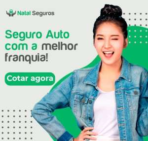 A imagem mostra um anúncio publicitário da empresa "Natal Seguros". O texto no anúncio diz: "Seguro Auto com a melhor franquia!" e "Cotar agora". A imagem também apresenta uma pessoa vestindo uma jaqueta jeans e uma camiseta branca. O fundo é composto por cores verde e branca, com alguns elementos gráficos pontilhados.