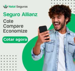 A imagem é um anúncio para "Natal Seguros", uma empresa que oferece serviços de seguros. O texto na imagem diz:  Seguro Allianz Cote Compare Economize  Cotar agora  O anúncio incentiva os espectadores a fazer cotações, comparar e economizar em seguros, com um botão de chamada para ação que diz "Cotar agora".