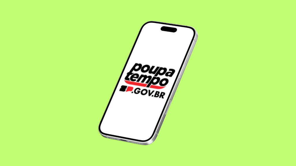 A imagem mostra um smartphone com a tela exibindo o logotipo do "Poupatempo" e o endereço do site "SP.GOV.BR". O fundo da imagem é verde claro. O logotipo do Poupatempo é composto por letras pretas e vermelhas, com uma linha vermelha horizontal abaixo do nome. O endereço do site está escrito em letras pretas e vermelhas, com "SP" em vermelho e "GOV.BR" em preto.