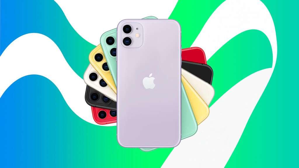 Claro! A imagem mostra uma variedade de iPhones 11 dispostos em formato de leque, destacando as diferentes cores disponíveis para este modelo. No centro, há um iPhone 11 na cor lilás, com o logotipo da Apple visível na parte traseira. Ao redor, estão outros iPhones 11 nas cores verde, amarelo, branco, preto e vermelho. O fundo da imagem é composto por um padrão abstrato com cores azul, verde e branco, criando um contraste visual atraente com os telefones coloridos.