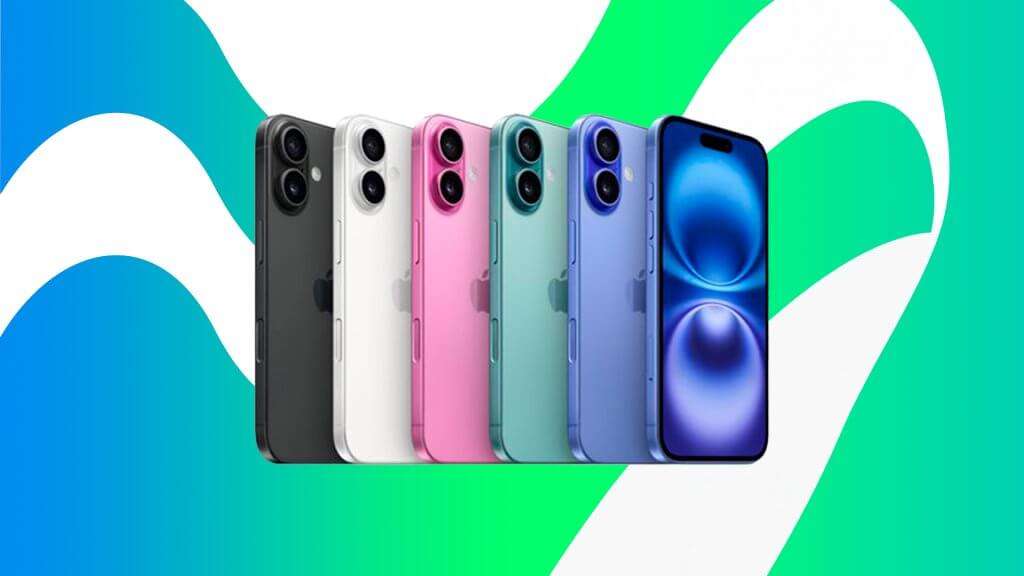 A imagem mostra uma linha de iPhones 16 em várias cores. Da esquerda para a direita, as cores são preto, branco, rosa, verde, azul claro e azul escuro. Cada iPhone possui duas câmeras traseiras dispostas verticalmente no canto superior esquerdo. O fundo da imagem é composto por um padrão de ondas em tons de azul e verde, criando um visual dinâmico e atraente. Esta imagem é interessante e relevante porque destaca a variedade de cores disponíveis para o iPhone 16, o que pode atrair diferentes preferências de consumidores.